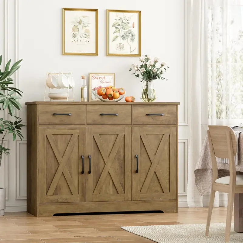 Modern Farmhouse Sideboard Buffet – Barn Door Design with Drawers, Shelves & Coffee Bar Storage