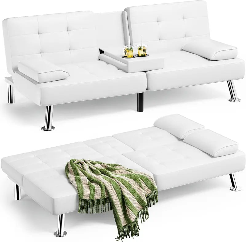 Homall Leather Futon Sofa Bed – Adjustable Recliner with Removable Armrests & Dual Cup Holders