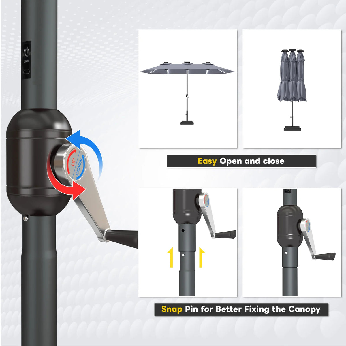 AECOJOY 15ft Patio Double-Sided Umbrella, 156 PCS Solar LED Light Outdoor Large Umbrella, Grey