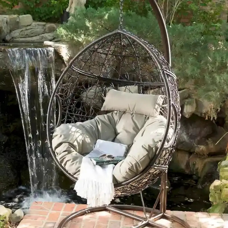 Weatherproof Wicker Hanging Basket Chair – Hammock-Style Seat with Cushions, 300 lb Capacity