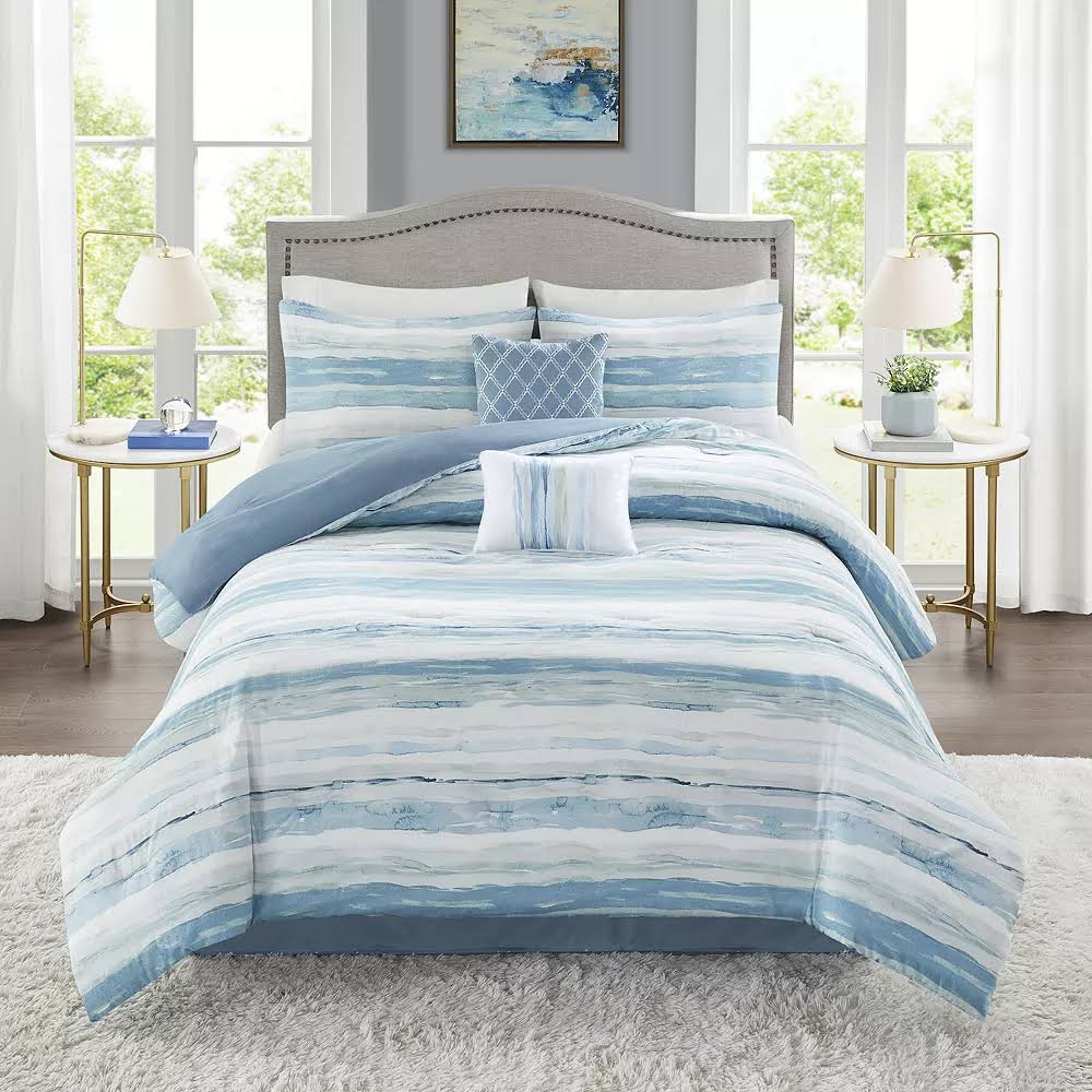 Madison Park Marianne 6-Piece Coastal Comforter Set with Coordinating Pillows, Blue, Queen