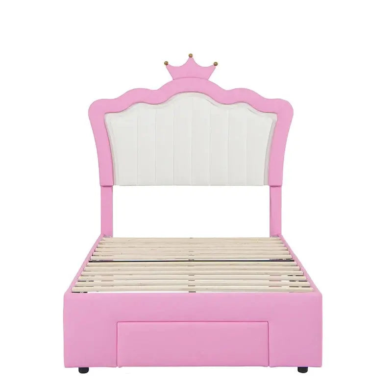 Twin Upholstered Platform Bed with Crown Headboard, Soft LED Accent Lighting, and Storage Drawer  Pink & White Design