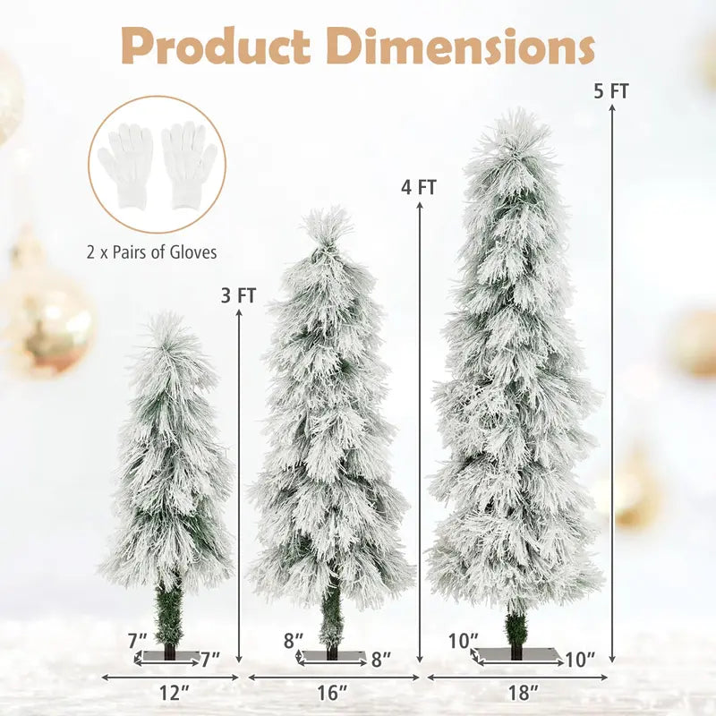Holiday Tree Trio – Assorted 3', 4', and 5' Snow-Flocked Pre-Lit Christmas Trees