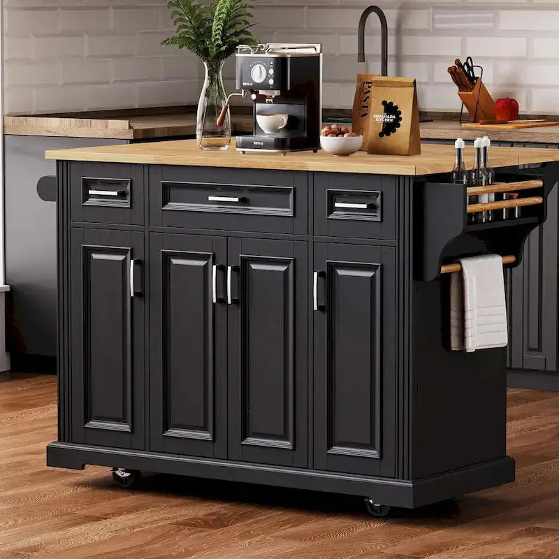 Rubberwood Rolling Kitchen Island  54 Drop-Leaf Cart with 4 Doors, 3 Drawers, and Embossed Texture