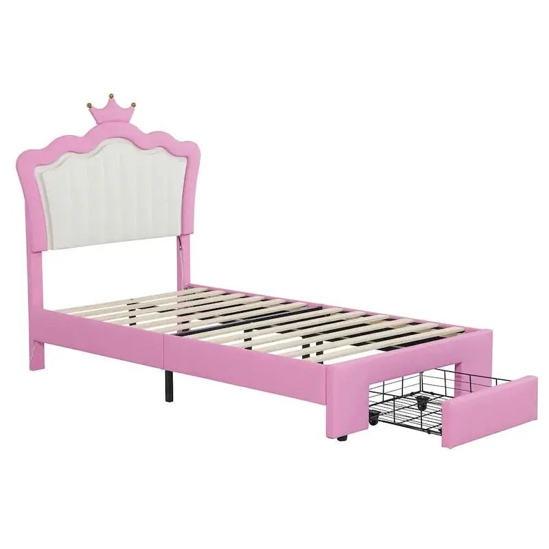 Twin Upholstered Platform Bed with Crown Headboard, Soft LED Accent Lighting, and Storage Drawer  Pink & White Design