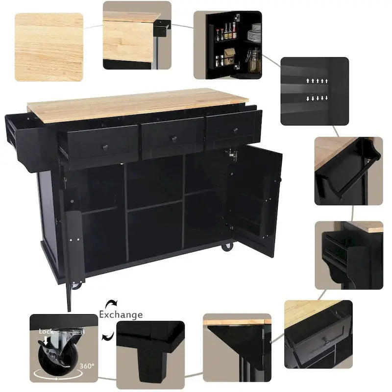 Mobile Kitchen Island on Casters – 5-Wheel Design with Cabinet & Triple Drawers