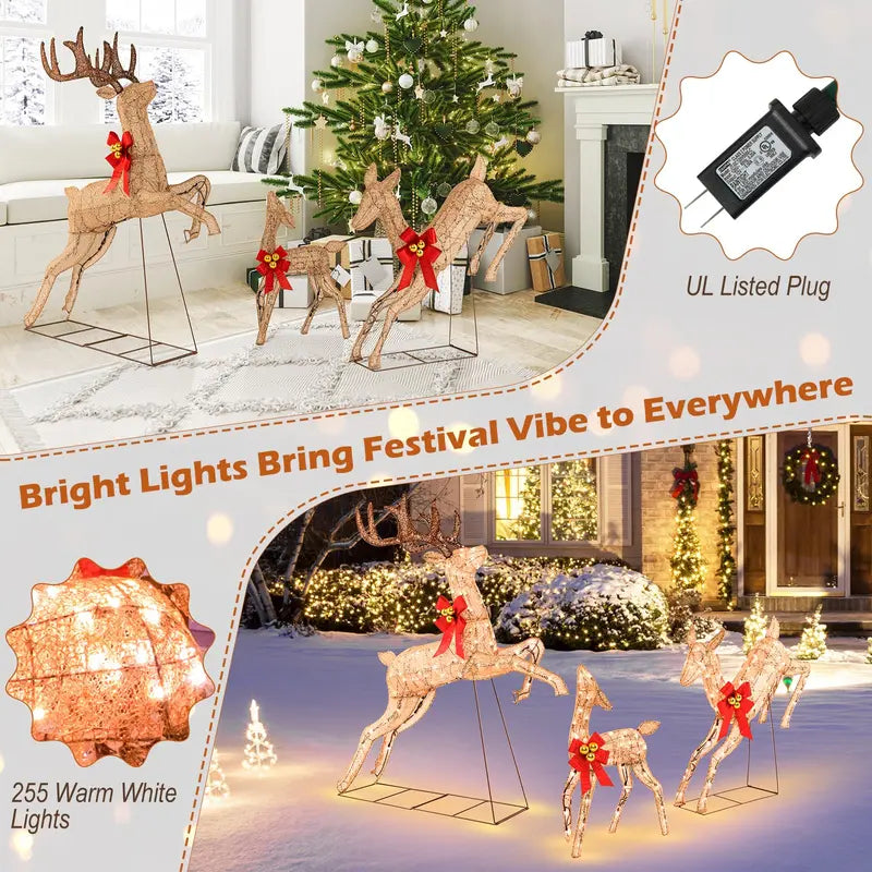 Illuminated Reindeer Trio: Glitter-Finished Pre-Lit Christmas Decor Set