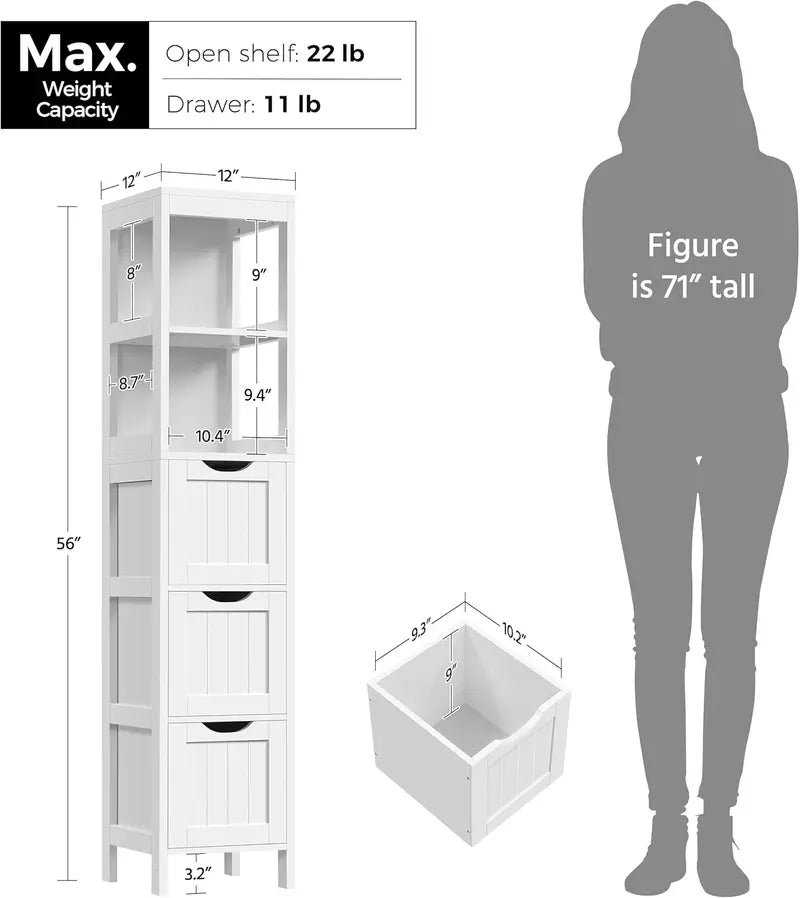 Yaheetech Freestanding Bathroom Floor Cabinet – Two-Drawer White Wooden Organizer with Side Rack & Shelf