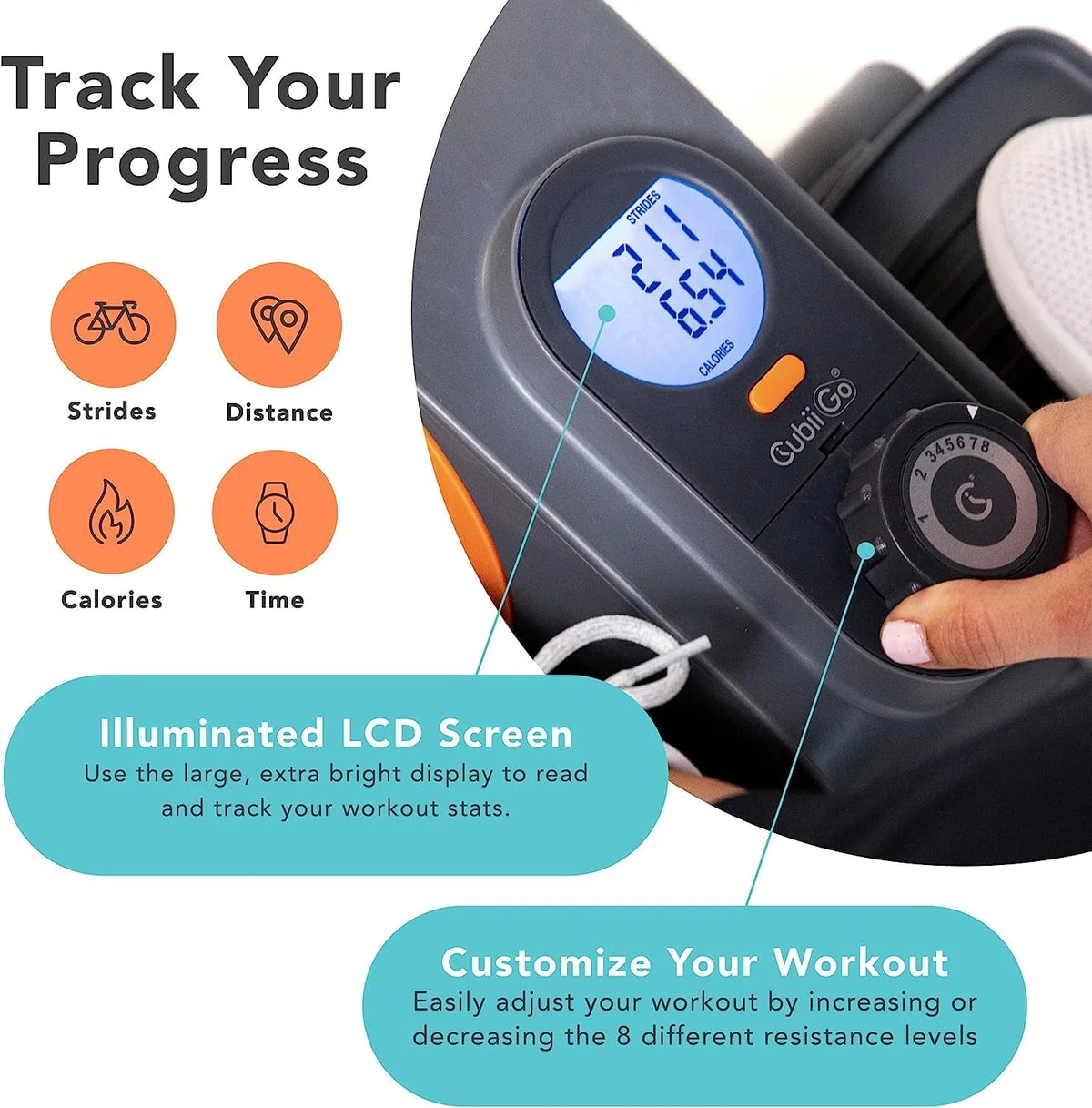 Cubii Go, Seated Elliptical Trainer with Wheels and Handle, 8 Adjustable Magnetic Resistance Levels