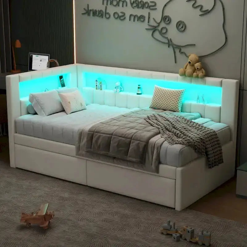 Modern Upholstered Platform Bed Frame – Full or Twin Size with USB Ports, LED Lighting & Dual Storage Drawers