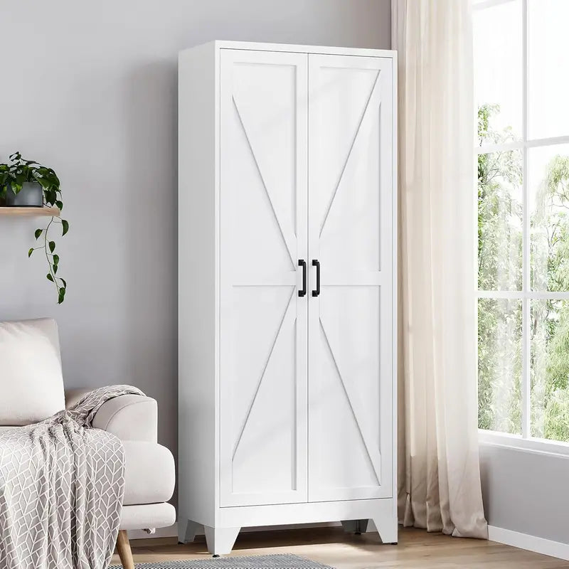 Industrial-Style Metal Storage Cabinet Featuring Two Doors and Four Adjustable Shelves