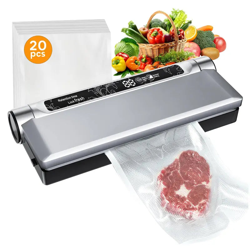 Space-Saving Vacuum Sealer with High-Performance Suction and 20-Count Reusable Food Bags