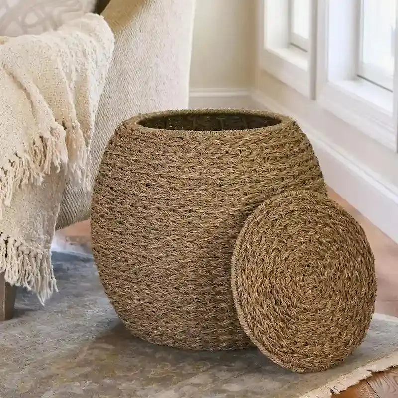 Household Essentials Handwoven Wicker Storage Basket – Barrel-Style Side Table (17″L x 17″W x 19″H)