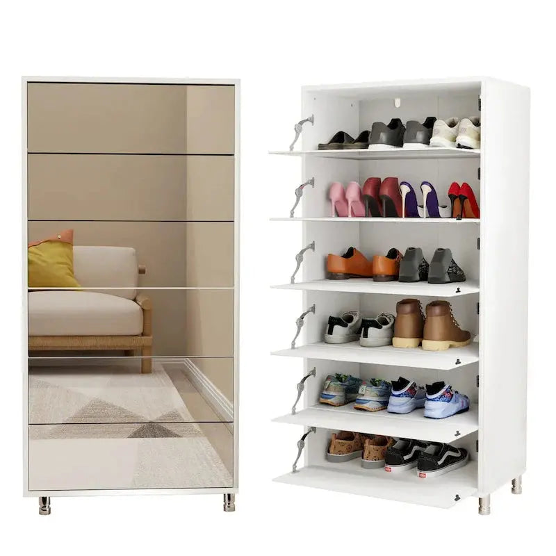 Mirror-Front Shoe Cabinet — 6 Flip-Down Drawers, Metal Frame, Touch-Activated Doors