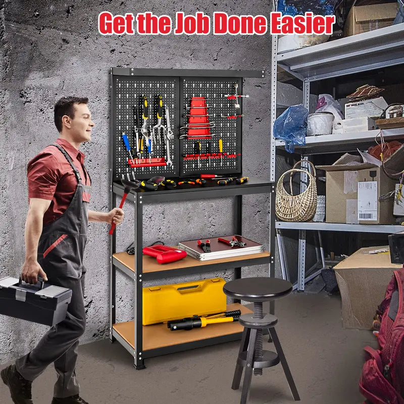 Heavy-Duty Steel Workbench with Pegboard – Tool Table Featuring 2 Open Shelves & 13 Accessories