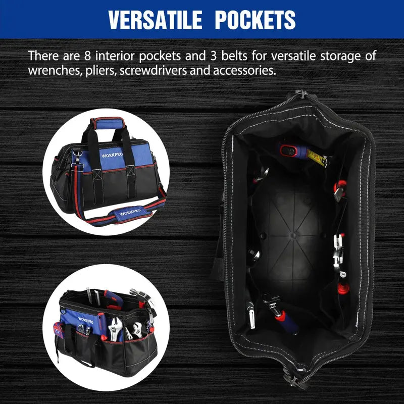 WORKPRO 16-Inch Heavy-Duty Wide-Mouth Tool Bag – Waterproof Molded Base & Adjustable Shoulder Strap