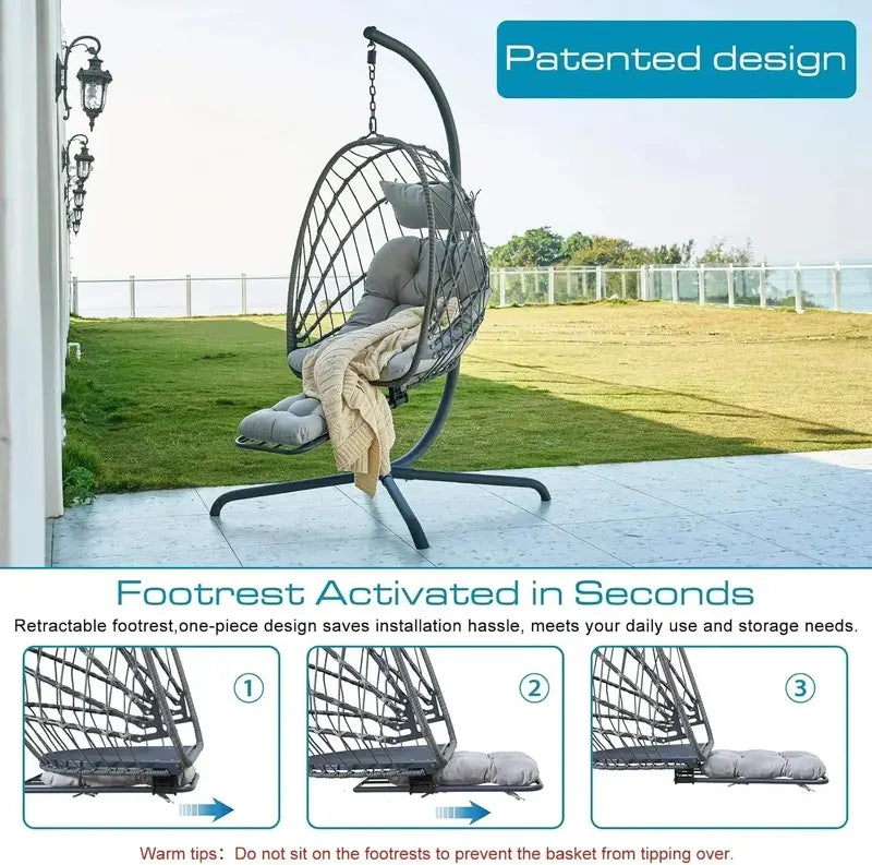 UV-Resistant Hanging Egg Chair with Stand, Leg Rest & Rattan Wicker Design
