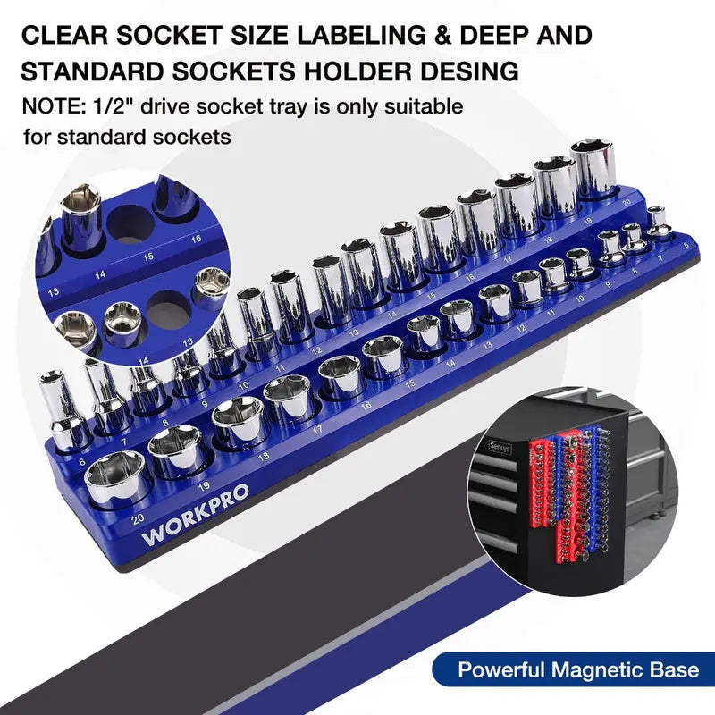 WORKPRO Compact Magnetic Socket Tray Set – 4-Piece Organizer for 1/4″ and 3/8″ Drives, Supports 108 Standard Socket Sizes