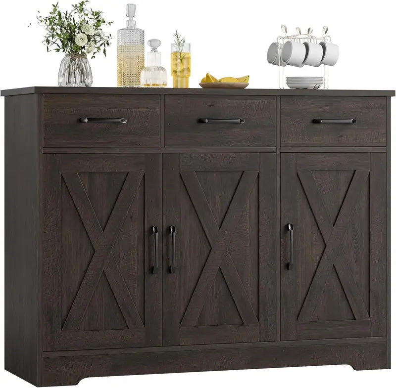 Modern Farmhouse Sideboard Buffet – Barn Door Design with Drawers, Shelves & Coffee Bar Storage