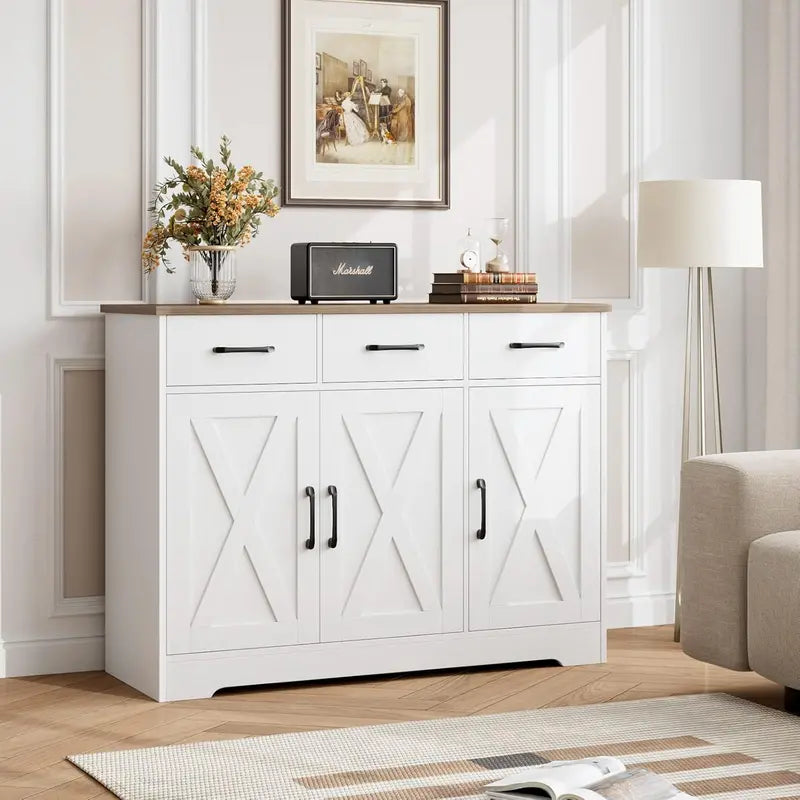 Modern Farmhouse Sideboard Buffet – Barn Door Design with Drawers, Shelves & Coffee Bar Storage