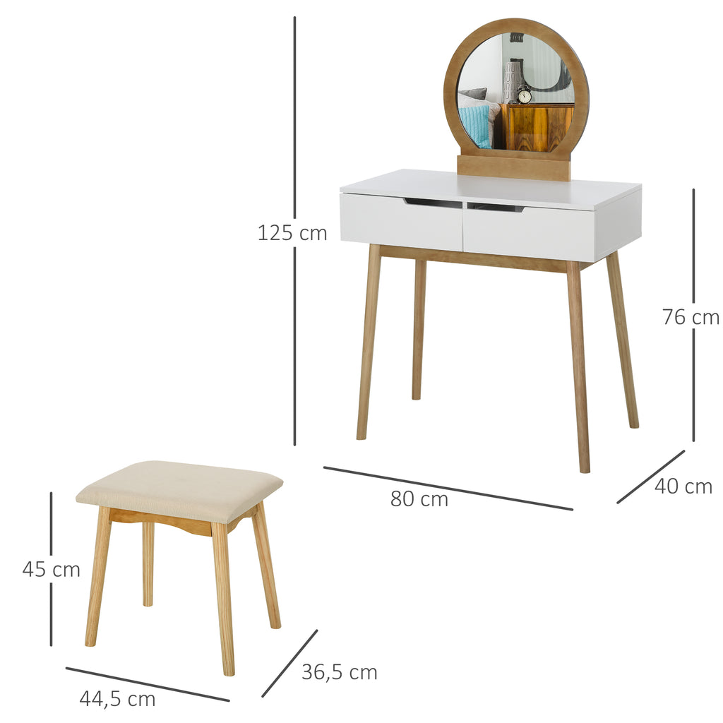 HOMCOM Coiffeuse Design scandinave Schminktisch mit Spiegel, 2 Schubladen und Hocker Weiß Kiefer Hell