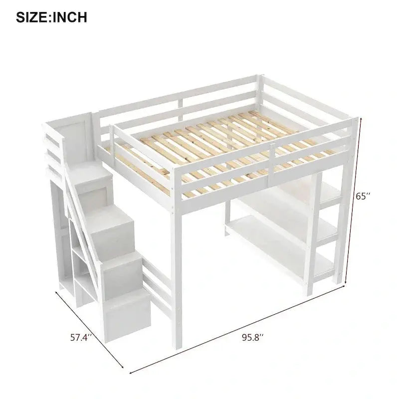 Full/Twin Loft Bed with Integrated Storage Stairs – Includes Shelves, Wardrobe, and LED Lighting for Maximized Small-Space Utility