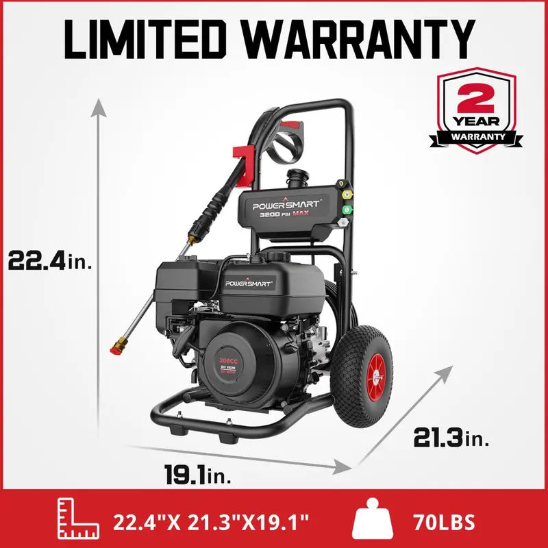 PowerSmart 3200 PSI Gas-Powered Pressure Washer – 208cc Engine, 5-Mode Nozzle, 25-Foot Hose, CARB-Certified