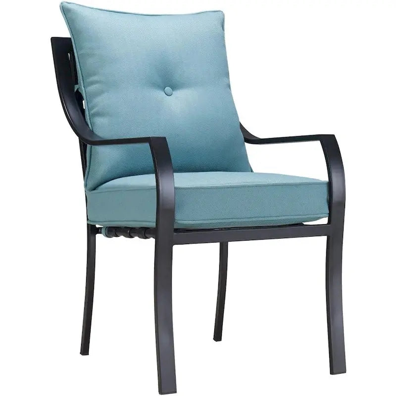 Hanover Lavallette 5-Piece Dining Ensemble — Ocean Blue Chairs, 52-Inch Round Glass Table, Umbrella & Base