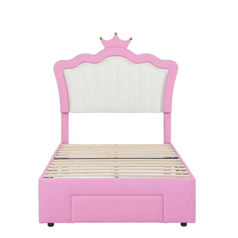 Twin Princess Bed Frame  Pink & White Upholstered Design with Crown Headboard & Built-in Drawer