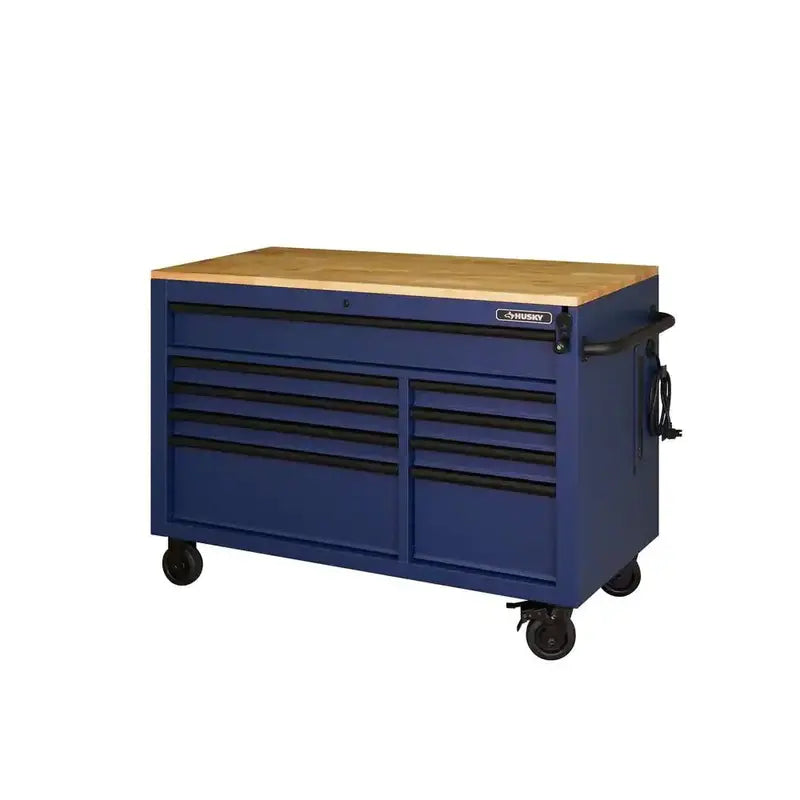 Industrial-Grade 52-Inch 9-Drawer Rolling Workbench with Solid Wood Top and Matte Blue Finish