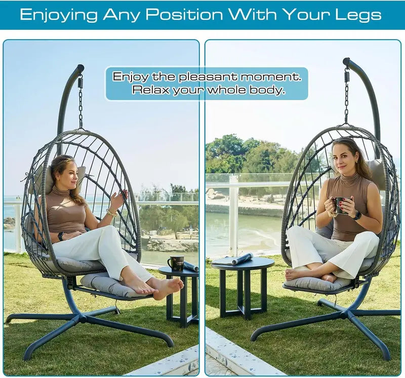 UV-Resistant Hanging Egg Chair with Stand, Leg Rest & Rattan Wicker Design