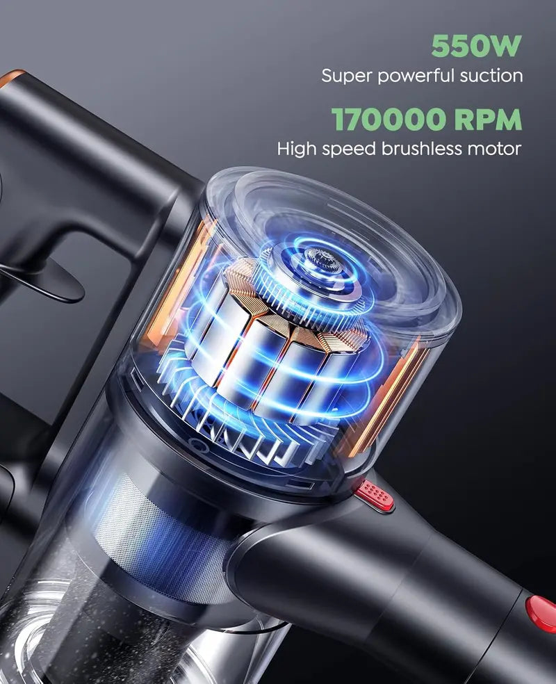 High-Performance Cordless Stick Vacuum – 550W Motor, 45 kPa Suction, 60-Min Runtime, Wall-Mount Charging & Self-Standing Design