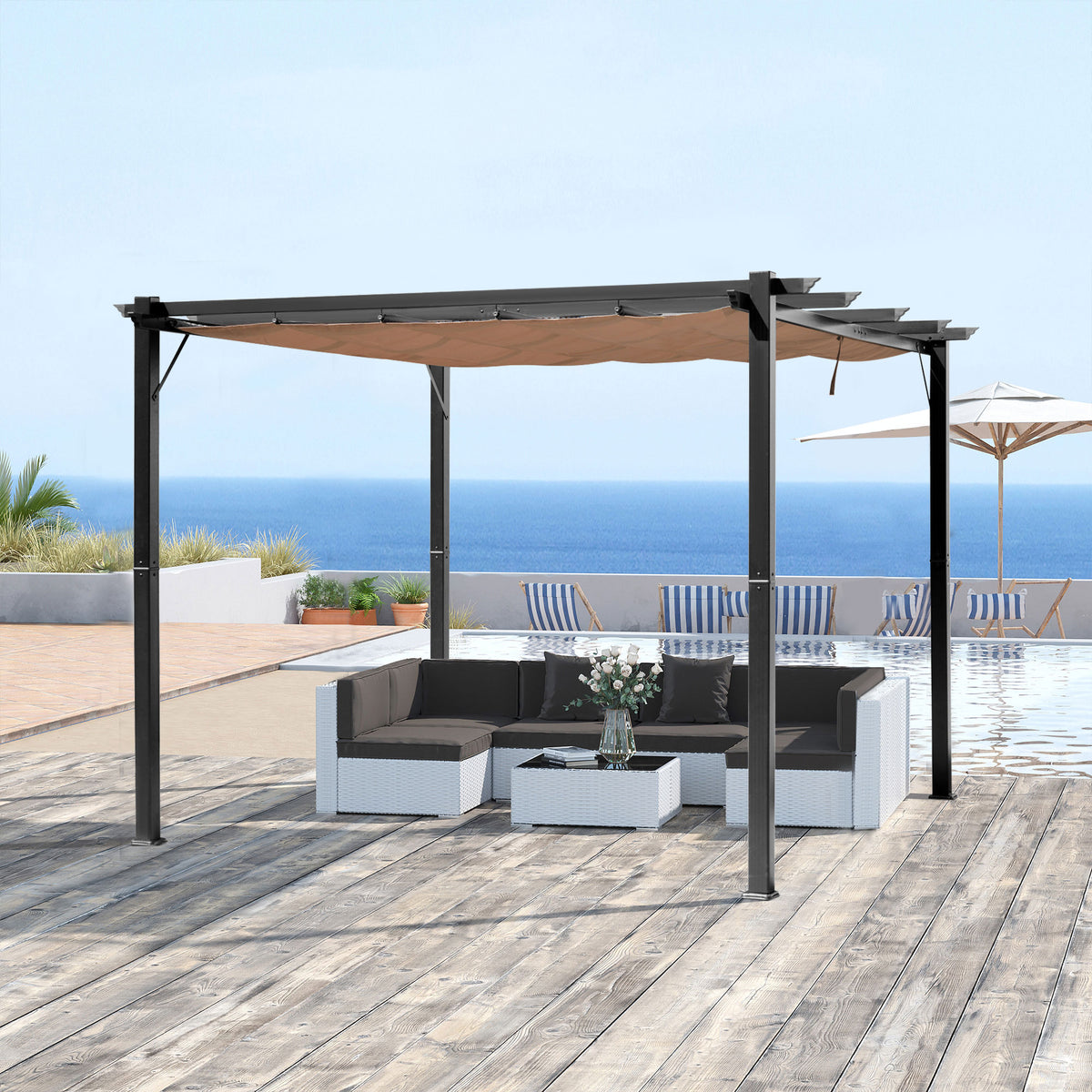 Outsunny Pergola Pavillon mit einstellbarem Stoffdach 3 x 4 m Terrassen-Vordach Aluminium Sonnenschutz Überdachung Terrasse Garten Grau+Braun