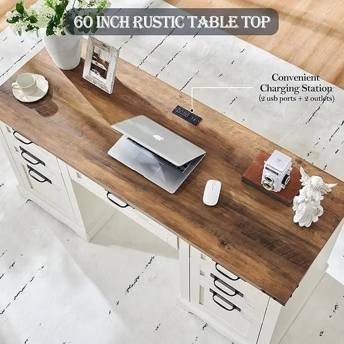 Farmhouse Executive Desk – 60-Inch Solid Wood Computer Desk for Home Offices and Professional Workspaces