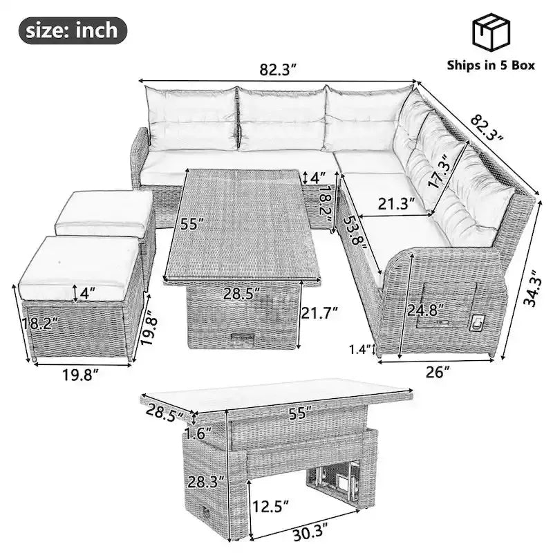 Modular Outdoor Rattan Seating Set with Reclining Chairs, Ottomans, and Adjustable Table