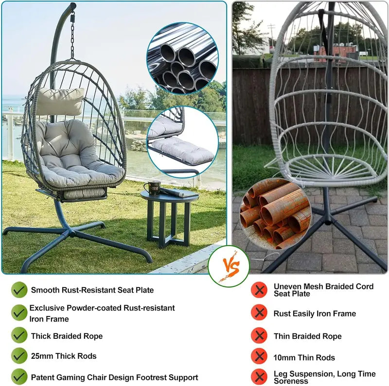 UV-Resistant Hanging Egg Chair with Stand, Leg Rest & Rattan Wicker Design
