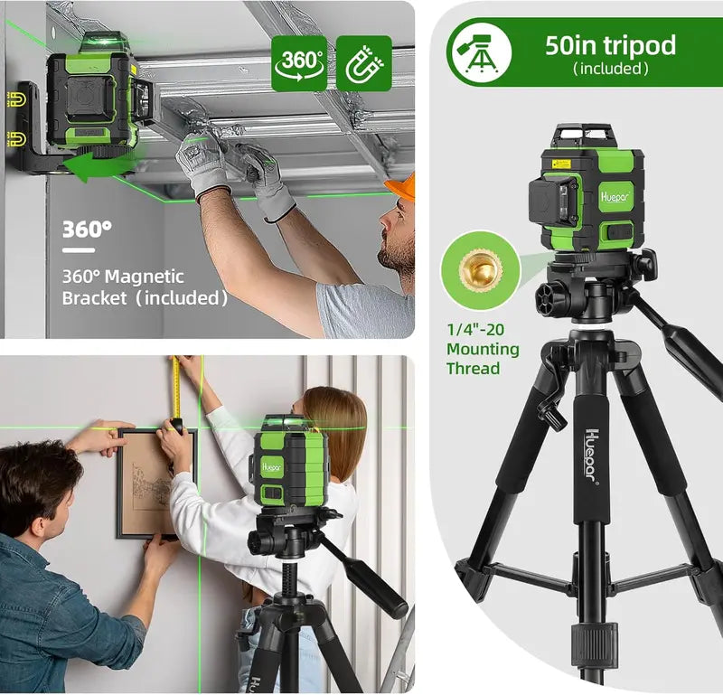 Huepar 360° Self-Leveling Laser Level – Rechargeable Rotary Tool with Tripod Mount & Bright Line Projection