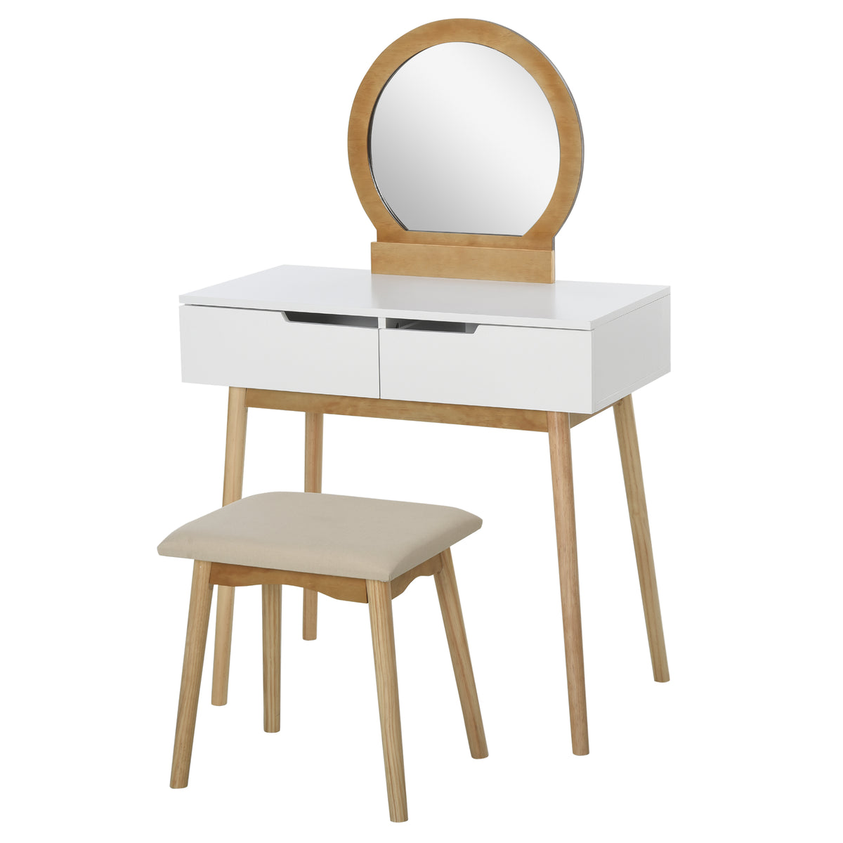 HOMCOM Coiffeuse Design scandinave Schminktisch mit Spiegel, 2 Schubladen und Hocker Weiß Kiefer Hell