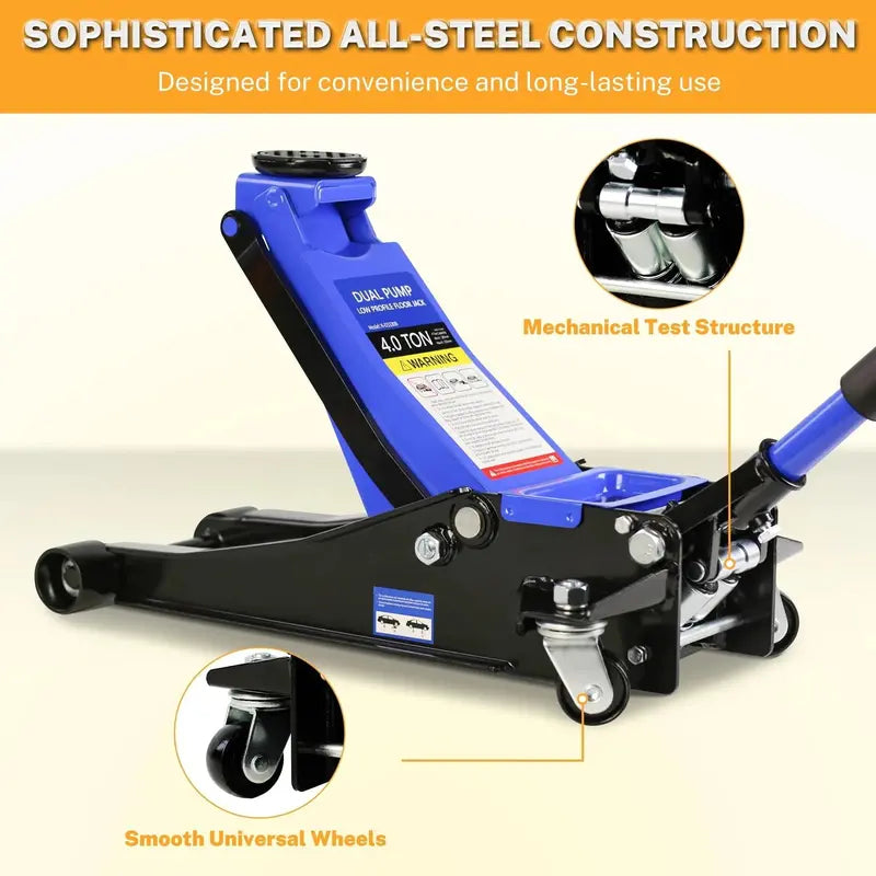 Low-Profile 4-Ton Floor Jack – Dual-Piston Trolley Lift, 4″–21″ Range, 8000 lb Capacity