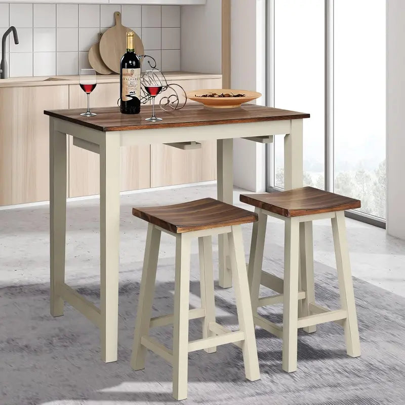 Industrial-Style 3-Piece Counter Height Dining Set: Wood Pub Table + 2 Saddle Stools for Kitchen, Bar, or Restaurant