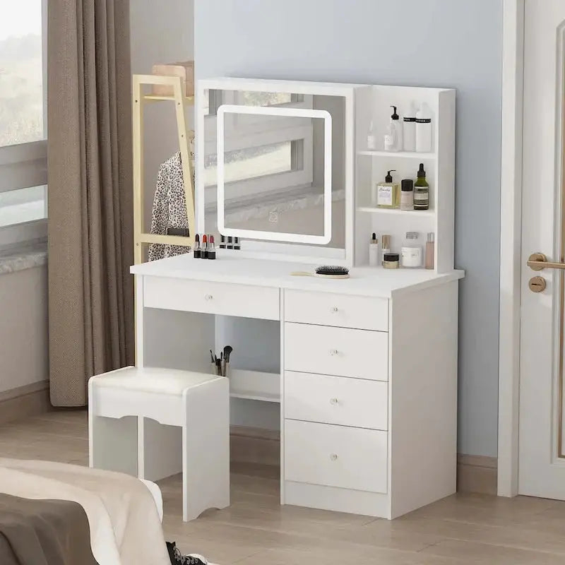 LED Vanity Desk Set – White Makeup Station with Illuminated Mirror and Matching Stool (39.4″ Wide)