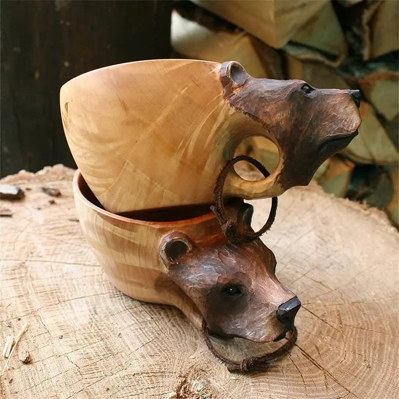Hand-Carved Wooden Animal Head Mug – Artisanal Drinkware Accent