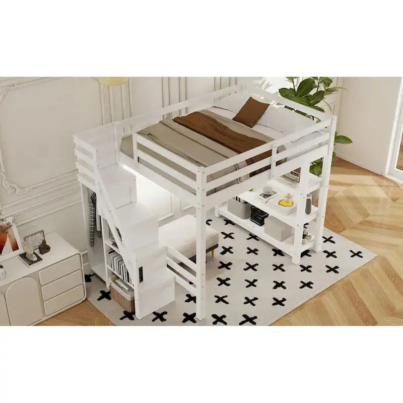 Full/Twin Loft Bed with Integrated Storage Stairs – Includes Shelves, Wardrobe, and LED Lighting for Maximized Small-Space Utility