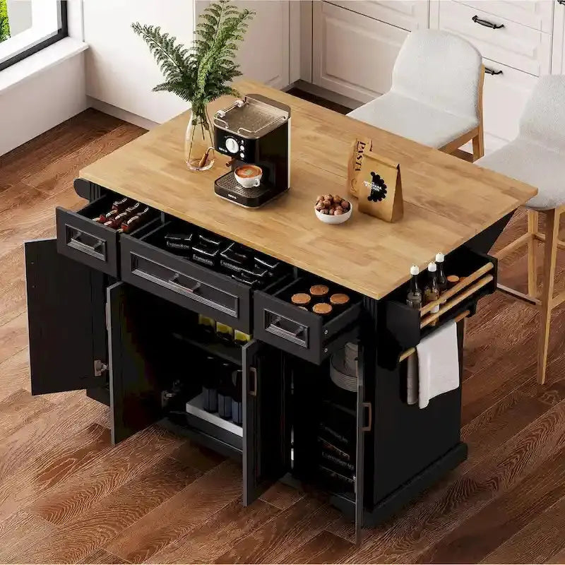 Rubberwood Rolling Kitchen Island  54 Drop-Leaf Cart with 4 Doors, 3 Drawers, and Embossed Texture
