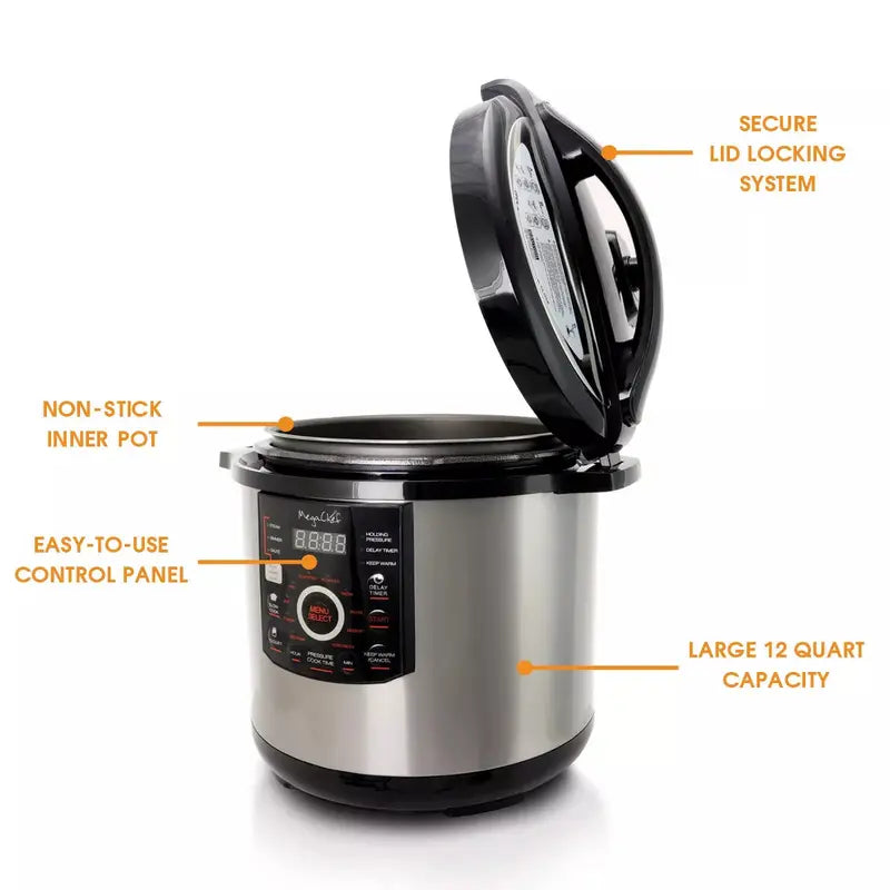 Megachef 12-Quart Digital Pressure Cooker – 15 Preset Programs + Glass Lid