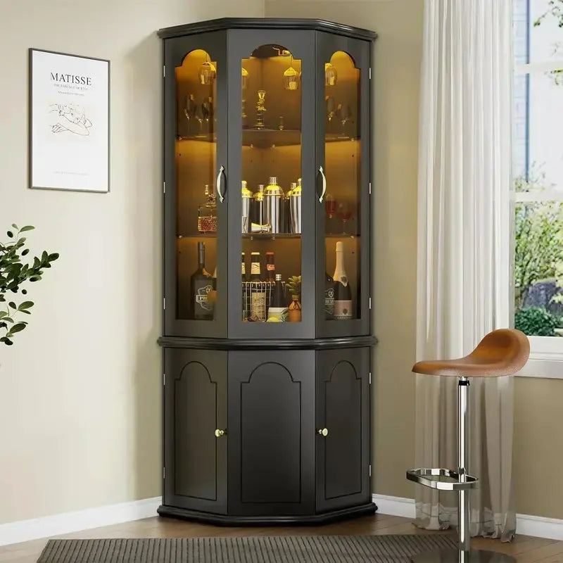 Modern Corner Wine Storage Cabinet – Tall LED-Lit Design for Home Bars and Dedicated Cellars