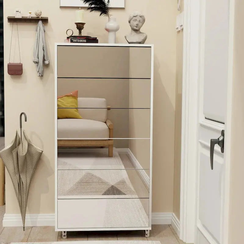 Mirror-Front Shoe Cabinet with Six Flip-Down Drawers – Space-Saving Organizer on Four Sturdy Metal Legs