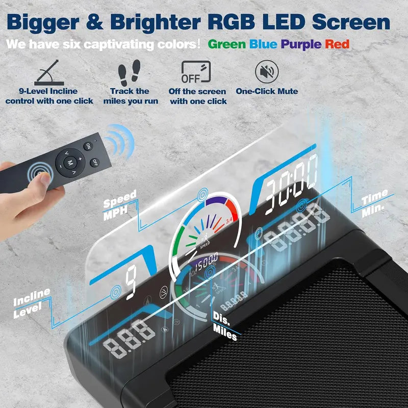 Walking Pad Treadmill – Under-Desk Compact Model with 12% Auto Incline, RGB Display & Bluetooth Speaker