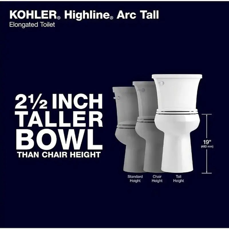 KOHLER Highline Arc Elongated Toilet – Extra-Tall 2-Piece Design, 1.28 GPF Single Flush, Includes Soft-Close Seat (Model 78305-0)