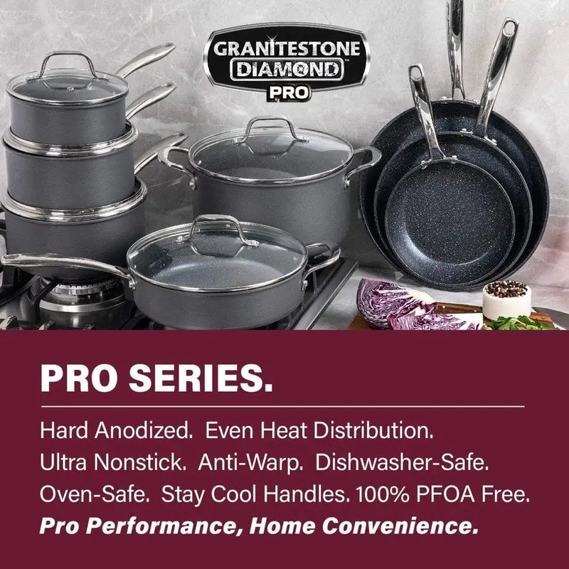 Granitestone Pro 13-Piece Hard Anodized Cookware Set with Nonstick Diamond Coating, Oven & Dishwasher Safe